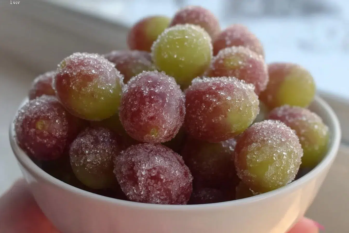 Bowl of frozen grapes, a refreshing and healthy snack option.