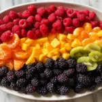 A vibrant display of assorted fruits arranged in a rainbow pattern.