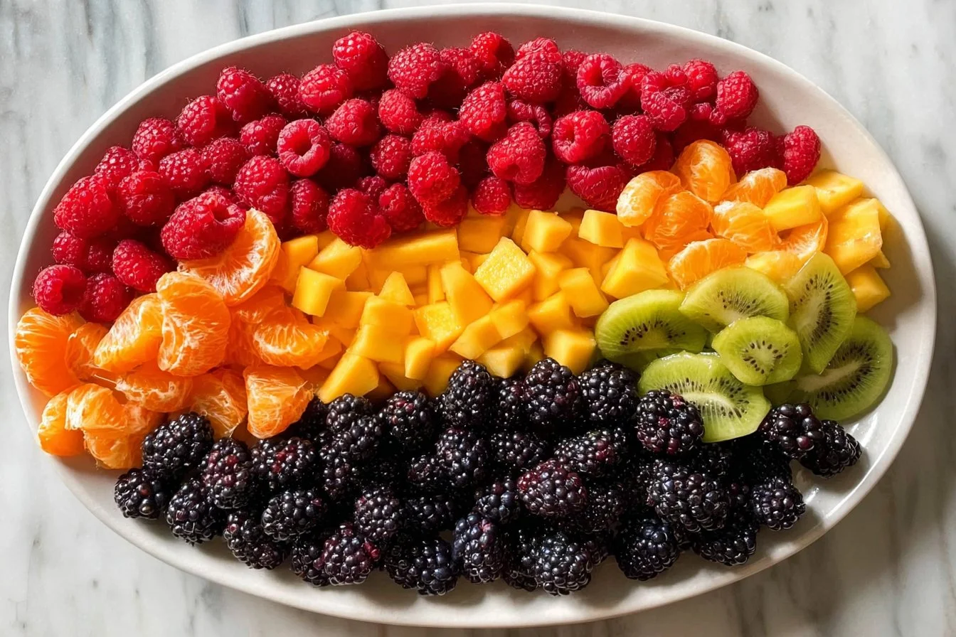 A vibrant display of assorted fruits arranged in a rainbow pattern.