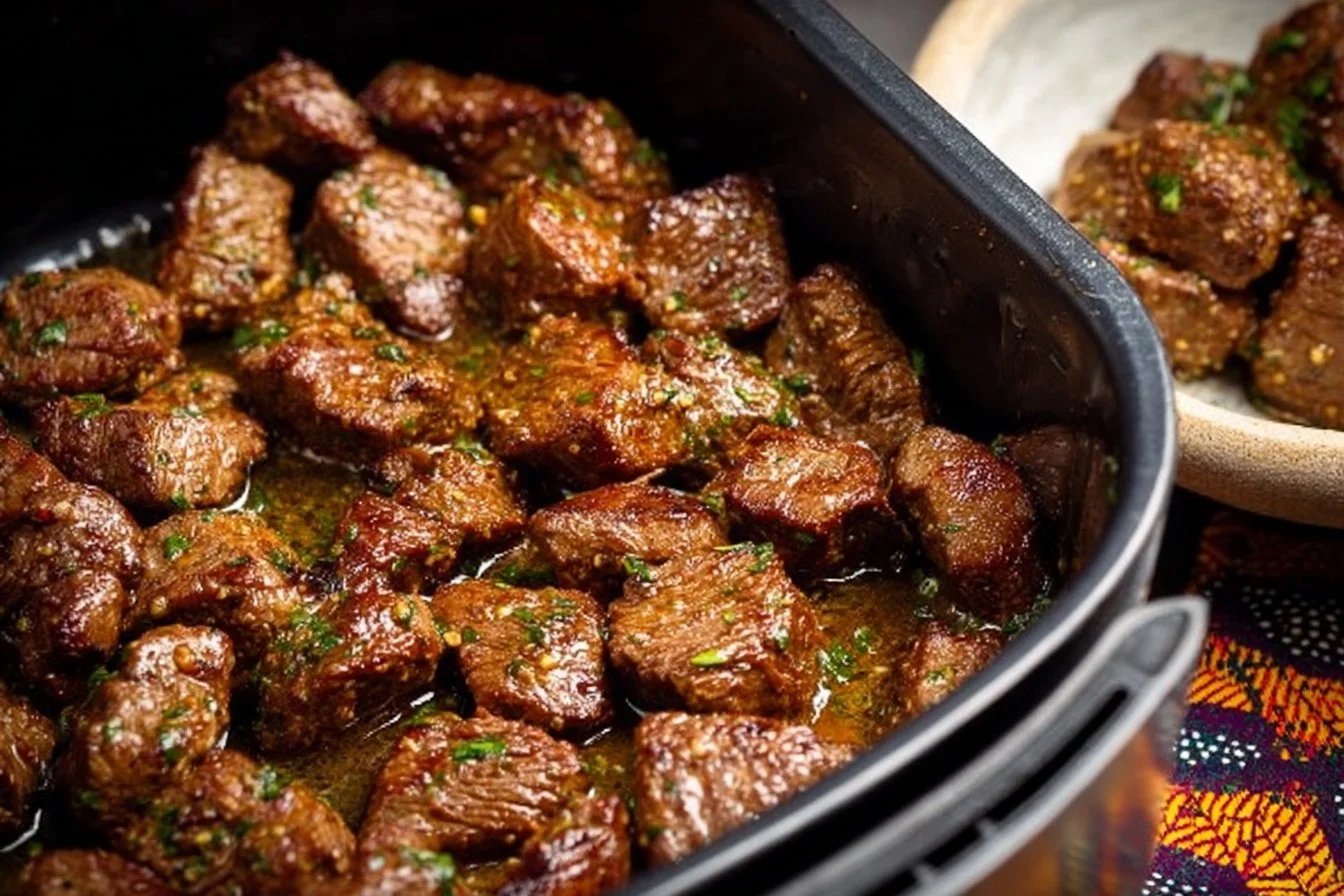 Delicious garlic butter air fryer steak bites served on a plate