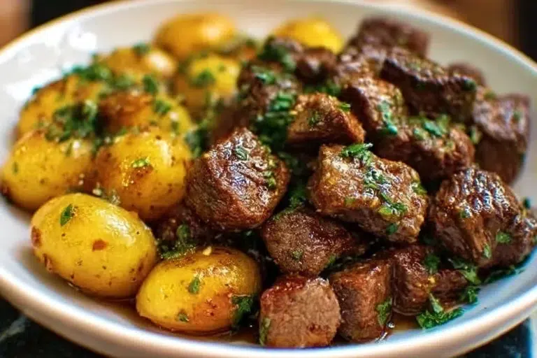 Delicious garlic butter beef bites served with roasted potatoes