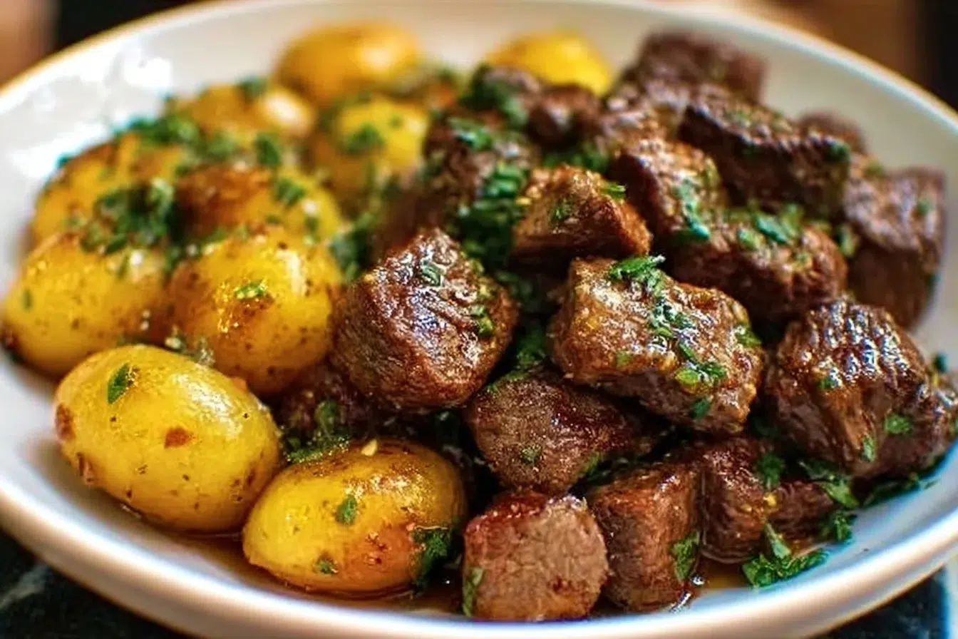 Delicious garlic butter beef bites served with roasted potatoes