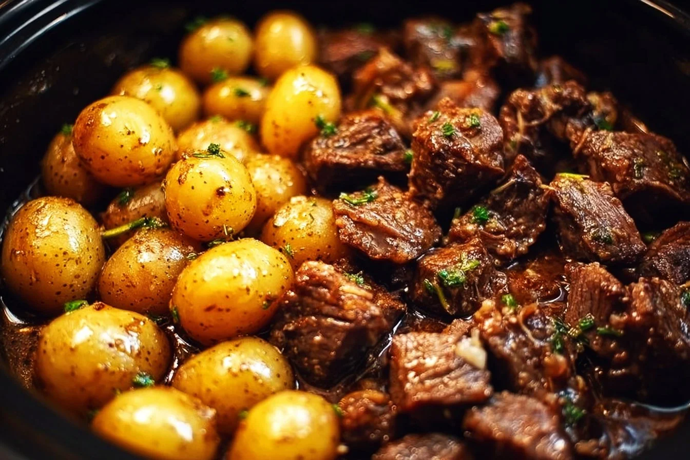 Plate of Garlic Butter Beef Bites with golden roasted potatoes