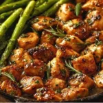 Garlic Butter Chicken Bites served with Lemon Asparagus on a plate