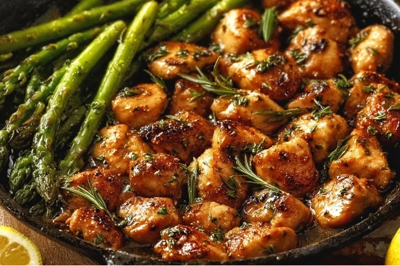 Garlic Butter Chicken Bites served with Lemon Asparagus on a plate