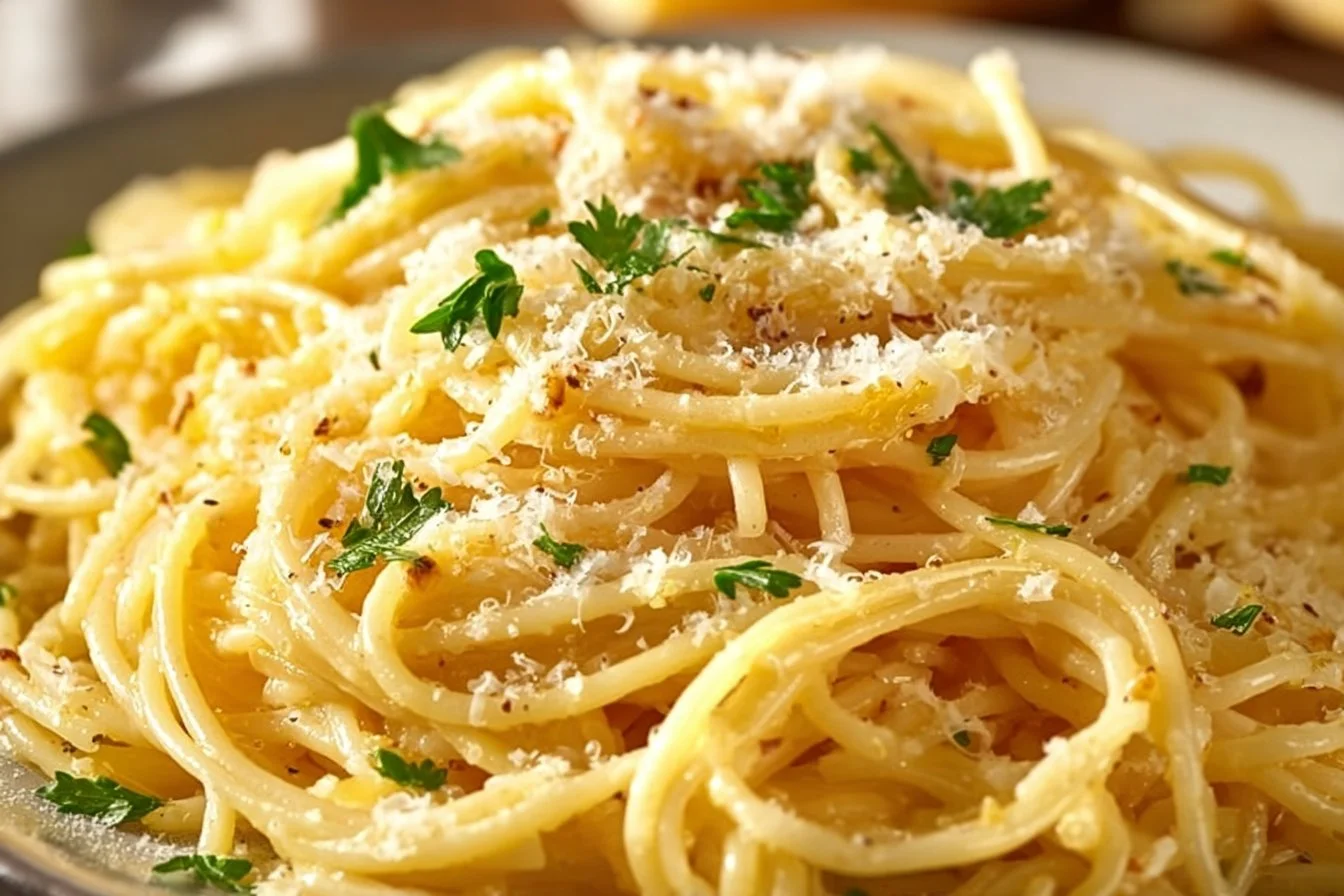 Delicious Garlic Butter Noodles served in a bowl garnished with herbs
