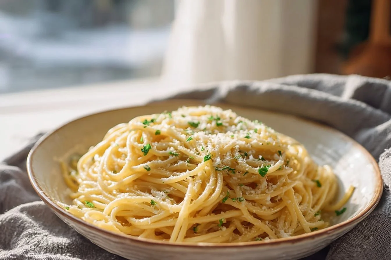 Plate of delicious Garlic Butter Noodles garnished with herbs