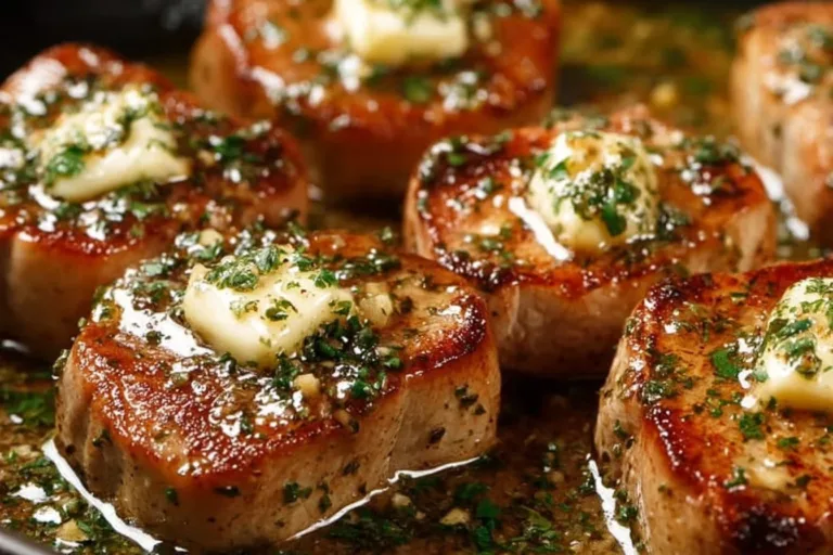 Pan-seared pork chops with garlic butter served on a plate