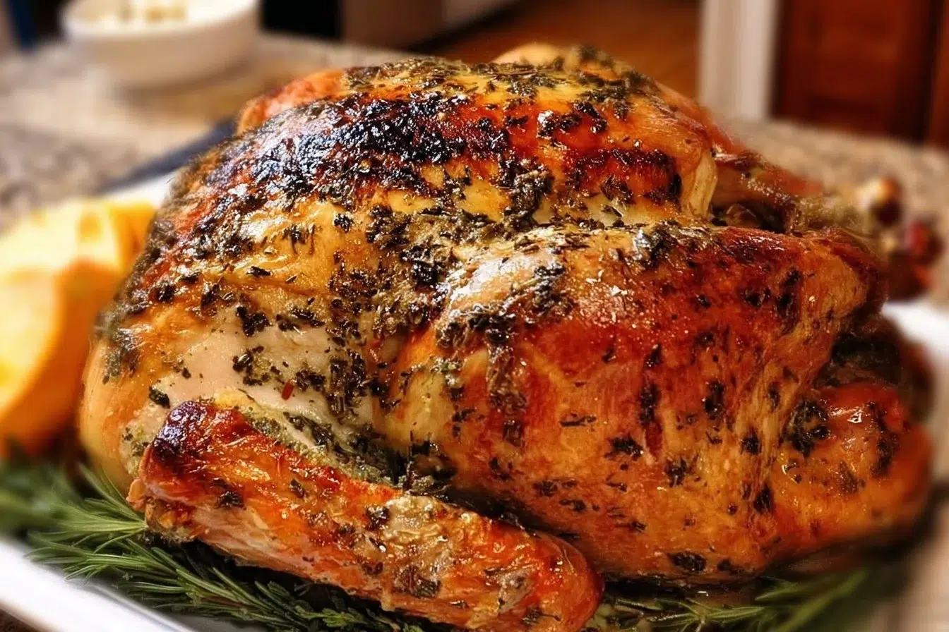 Garlic Herb Butter Roast Turkey served with herbs and spices