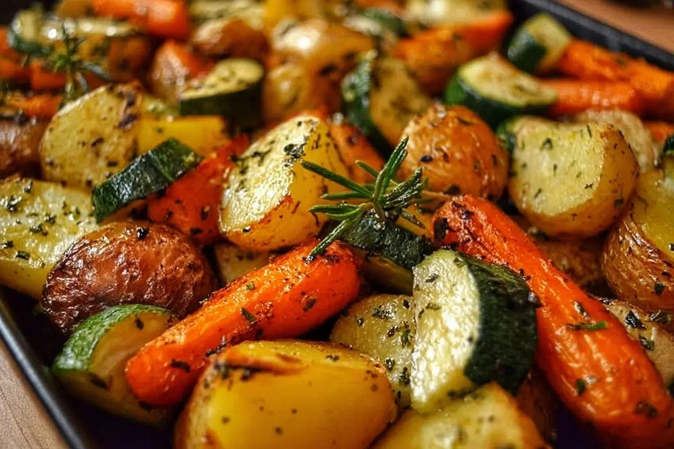 Garlic herb roasted potatoes, carrots, and zucchini on a serving plate.
