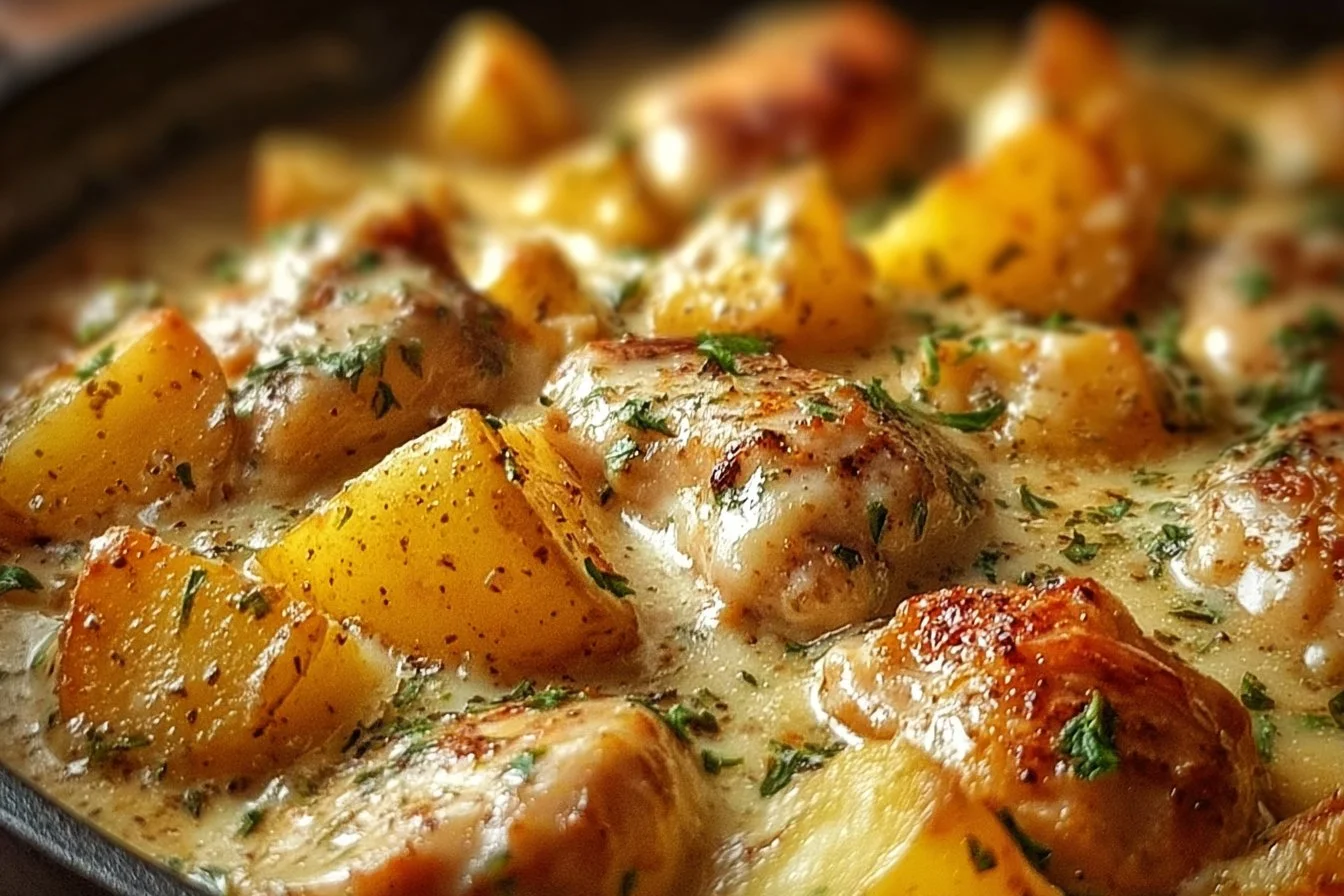 Delicious Garlic Parmesan Chicken cooked in a crockpot with potatoes.