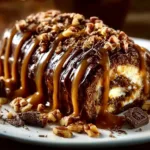 Gooey chocolate caramel turtle cake roll with chocolate, caramel, and pecans