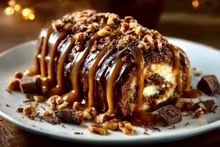Gooey chocolate caramel turtle cake roll with chocolate, caramel, and pecans