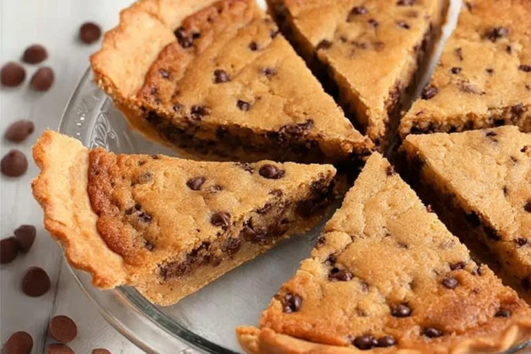 Delicious gooey chocolate chip cookie pie with melty chocolate chips.