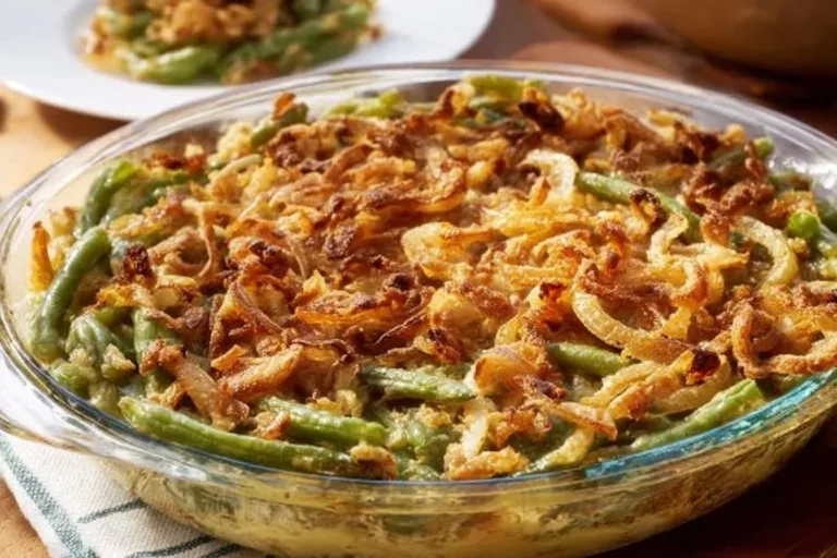 Delicious green bean casserole served in a dish with crispy toppings.