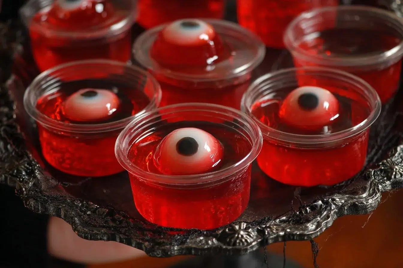 Halloween eyeball jello shots served in a creative spooky design.