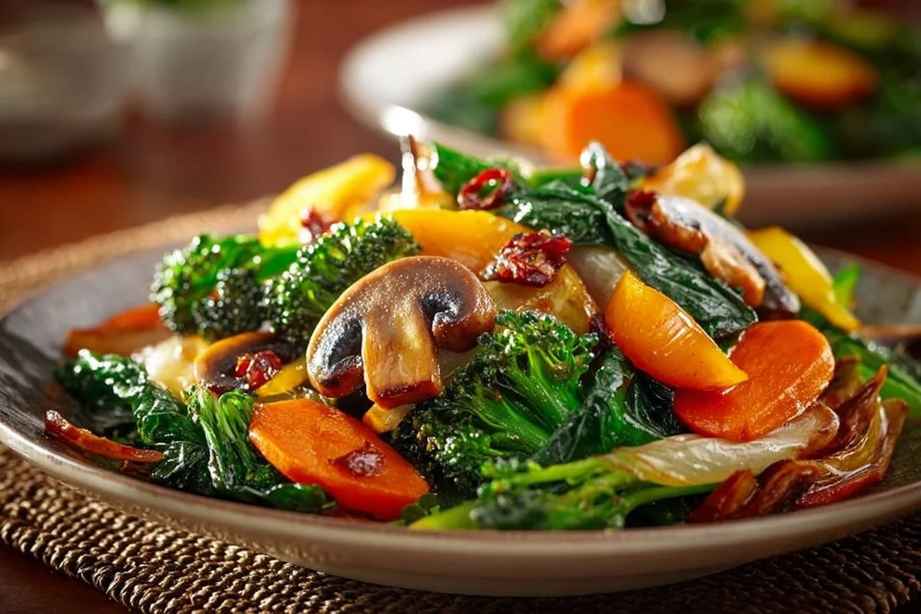 A vibrant plate of healthy sautéed vegetables with colors and textures.