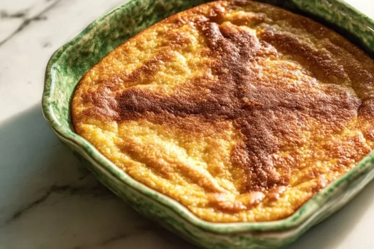 High protein baked quinoa pudding in a ceramic dish with berries on top