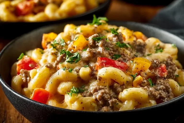 High-Protein Creamy Philly Cheesesteak Mac & Cheese served in a bowl