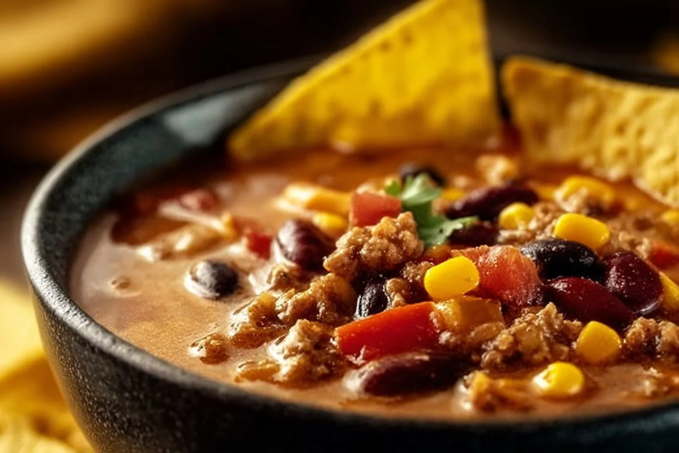 Bowl of high protein creamy taco soup topped with cilantro and cheese