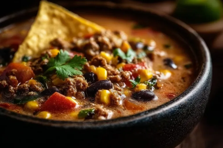 High protein creamy taco soup in a bowl, garnished with fresh toppings.