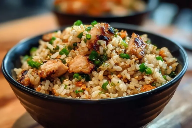 High protein crispy garlic chicken fried rice in a bowl garnished with chopped herbs