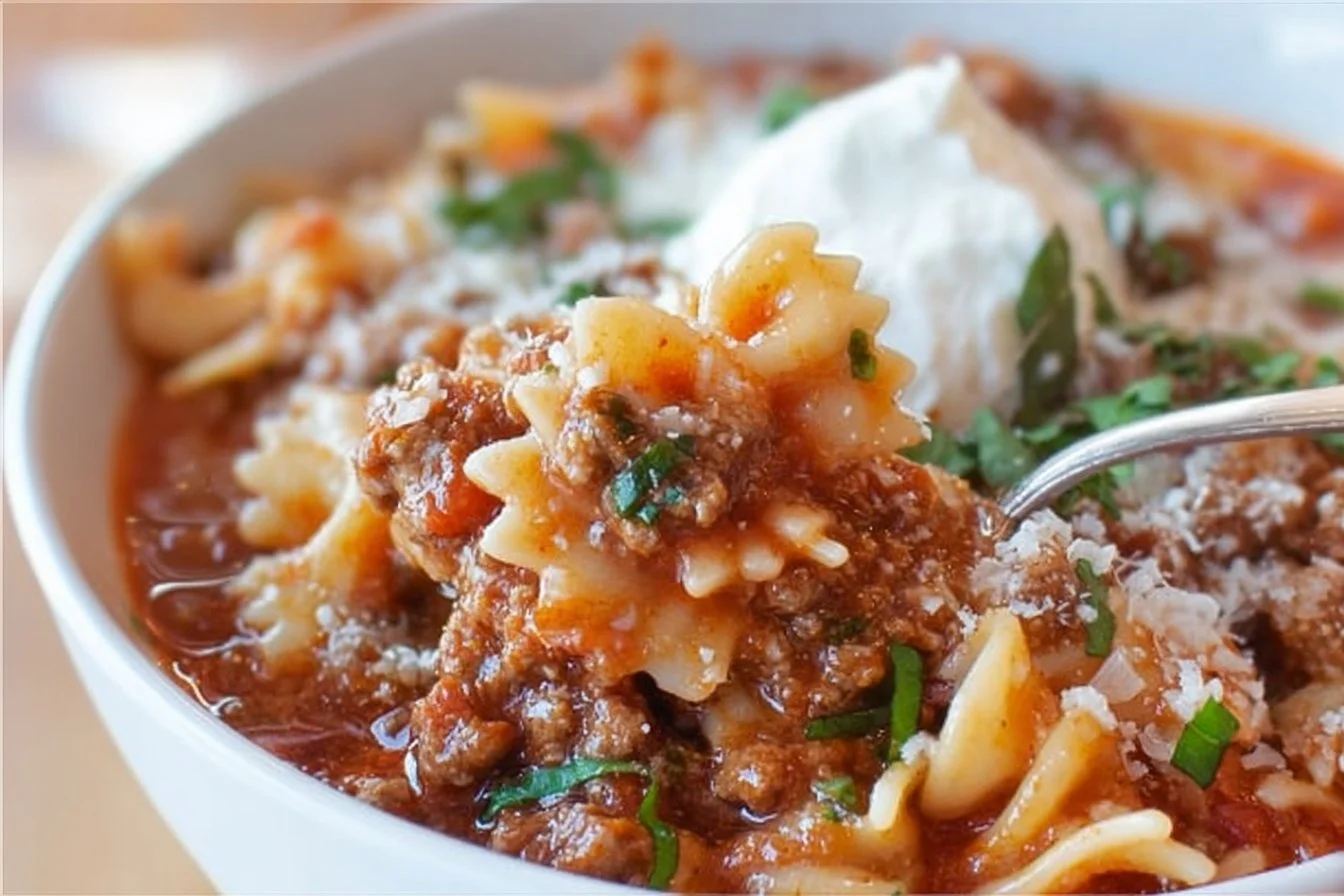 Delicious high protein lasagna soup garnished with fresh herbs