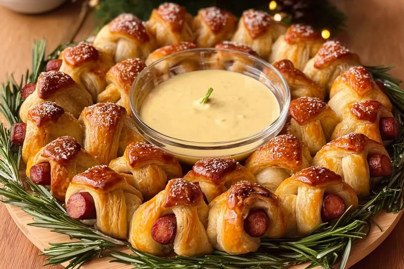 Platter of holiday pigs in a blanket served as festive appetizers