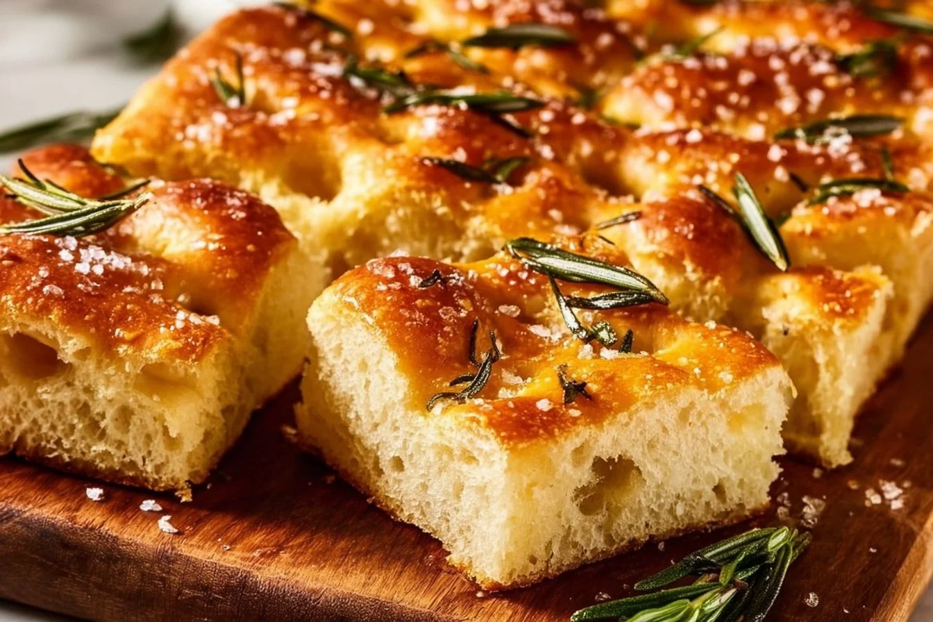 Homemade focaccia bread topped with herbs and olive oil