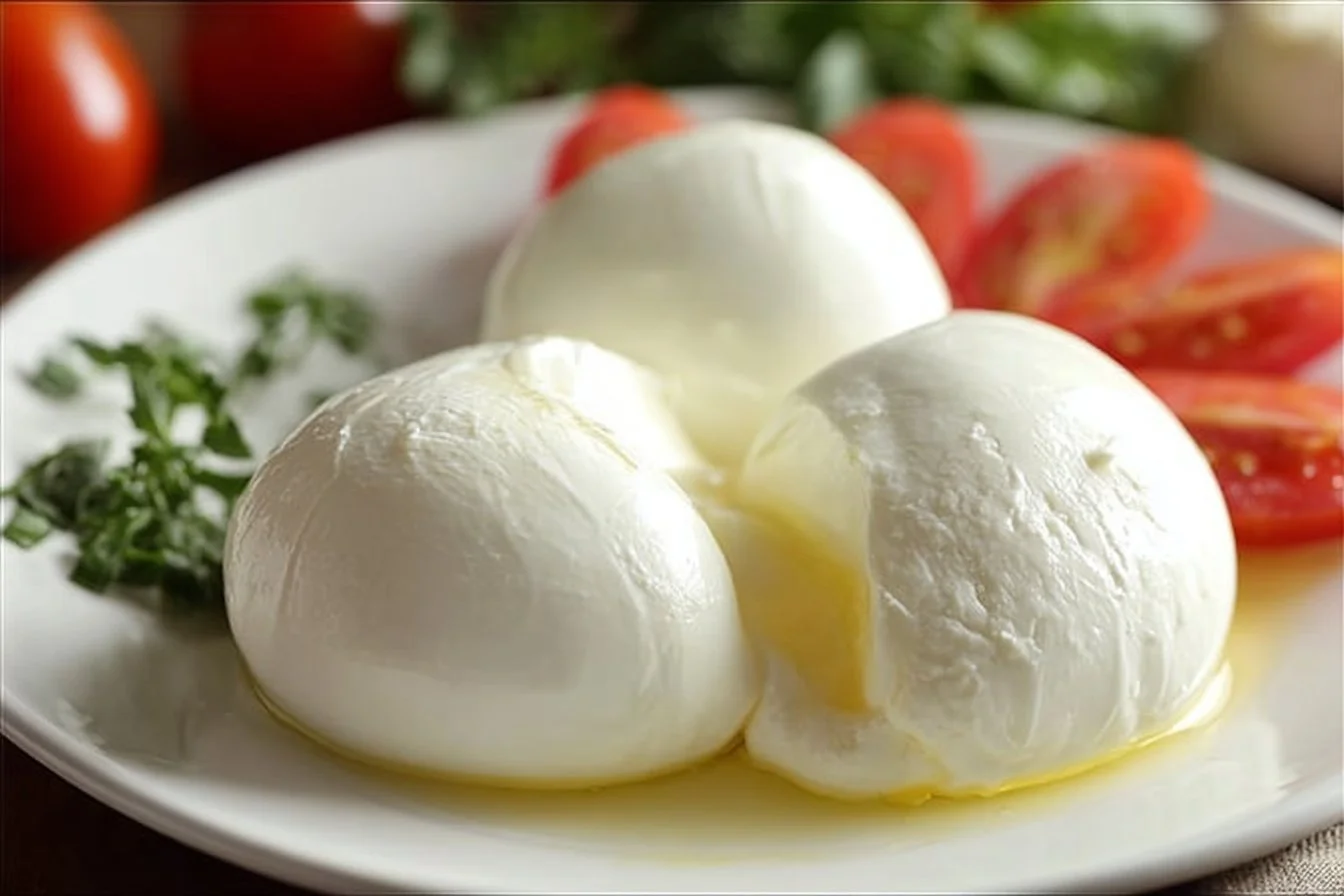 Freshly made homemade mozzarella cheese on a wooden cutting board.