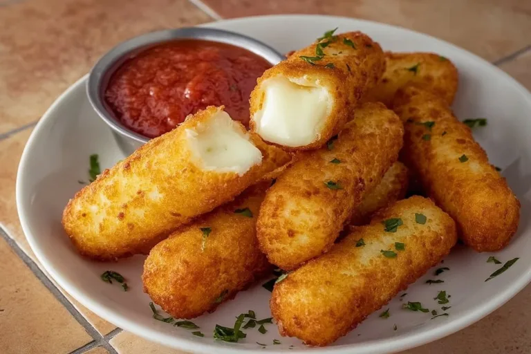 Plate of homemade mozzarella sticks with marinara sauce for dipping