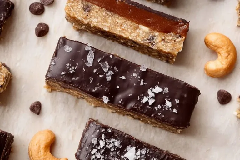 Homemade protein bars stacked on a wooden table