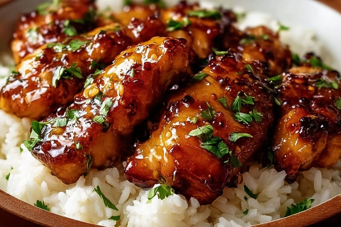 Delicious honey garlic chicken breasts garnished with green onions
