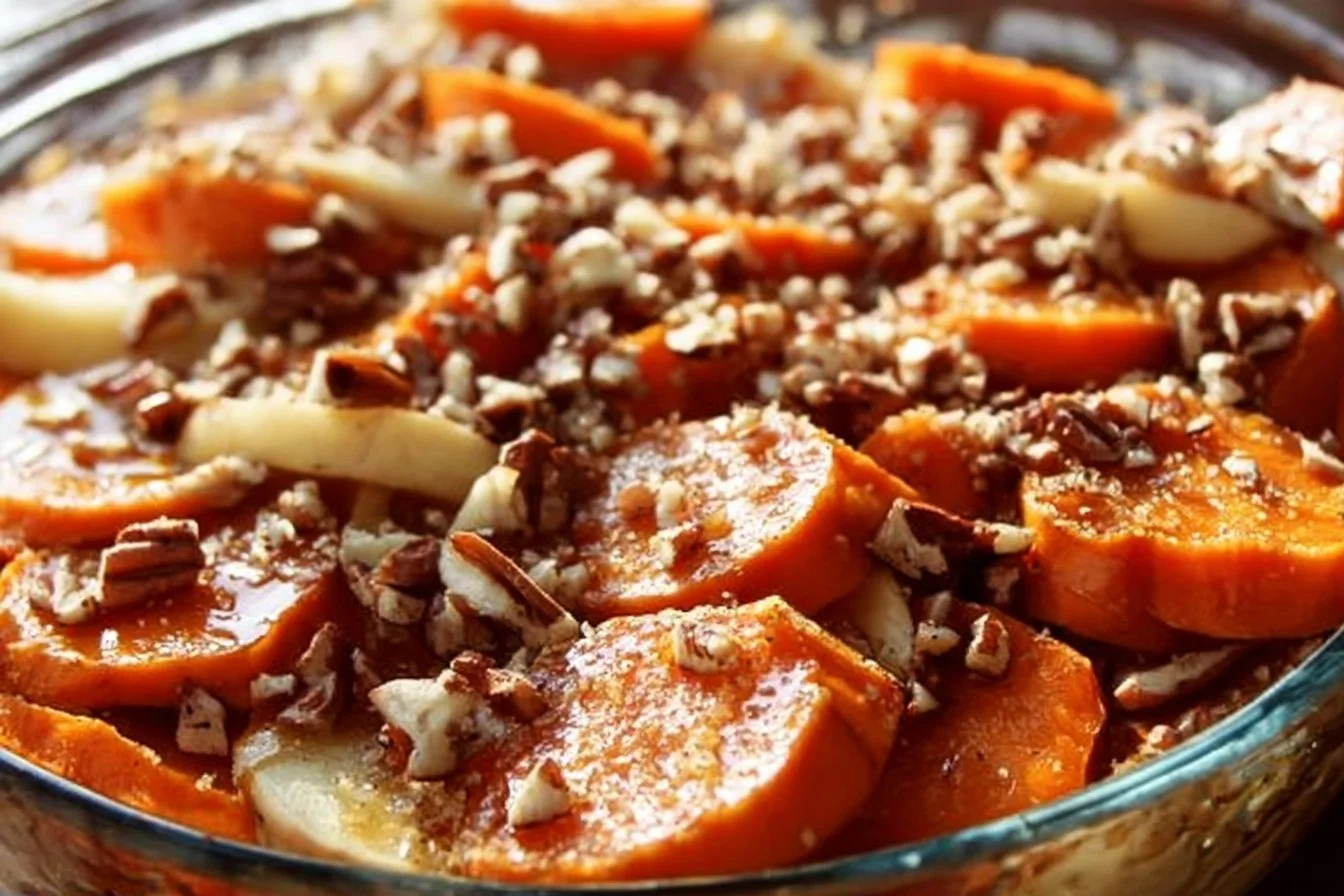 Honey Glazed Sweet Potato & Apple Casserole baked dish