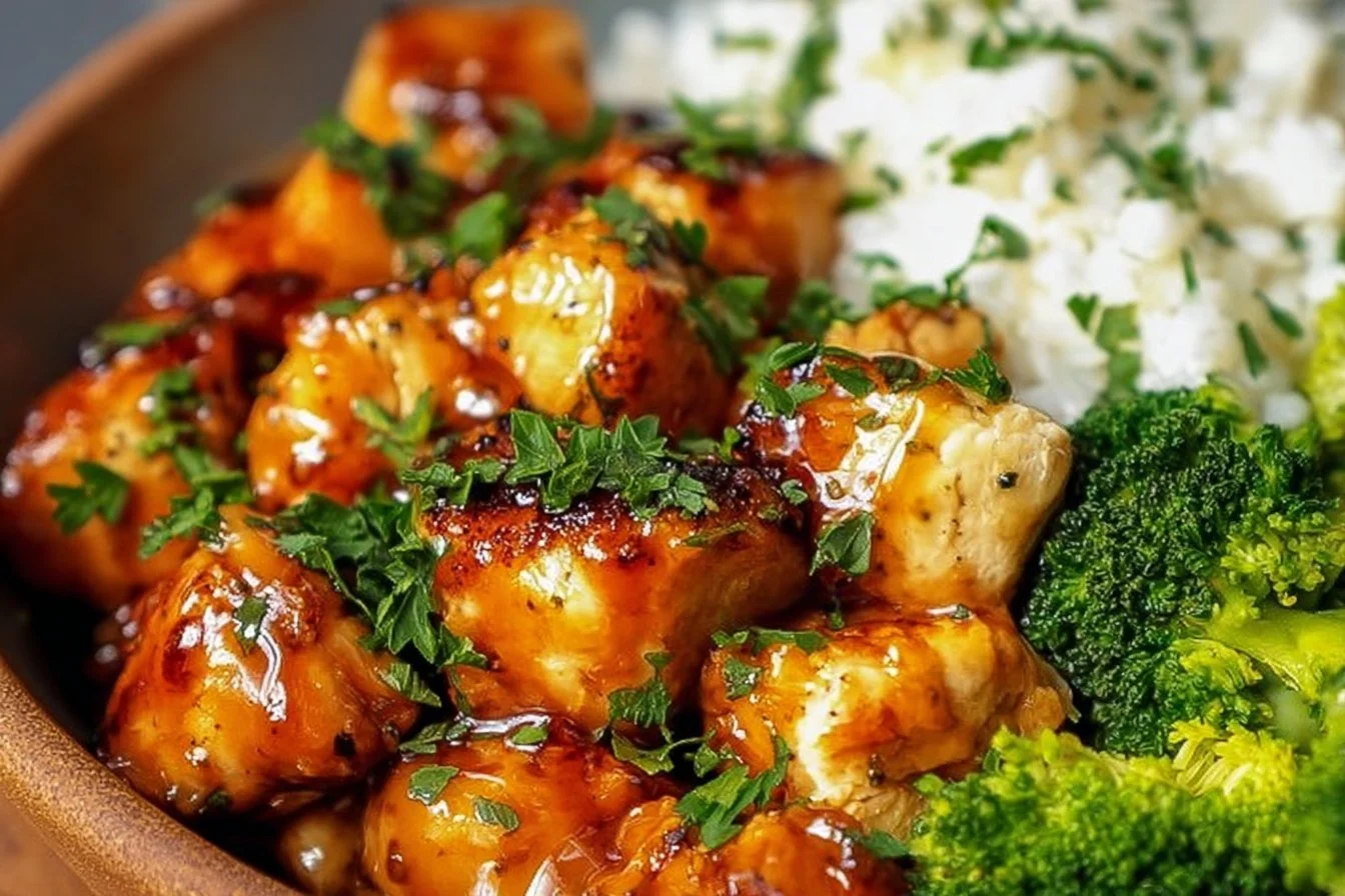 Delicious hot honey chicken bowl with vibrant vegetables and rice.