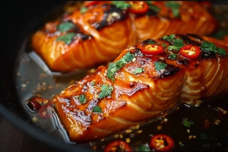 Delicious hot honey salmon dish garnished with herbs and spices