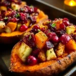 Cranberry apple twice-baked sweet potatoes topped with spices and herbs in a fall setting