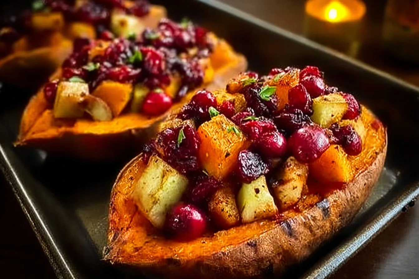 Cranberry apple twice-baked sweet potatoes topped with spices and herbs in a fall setting