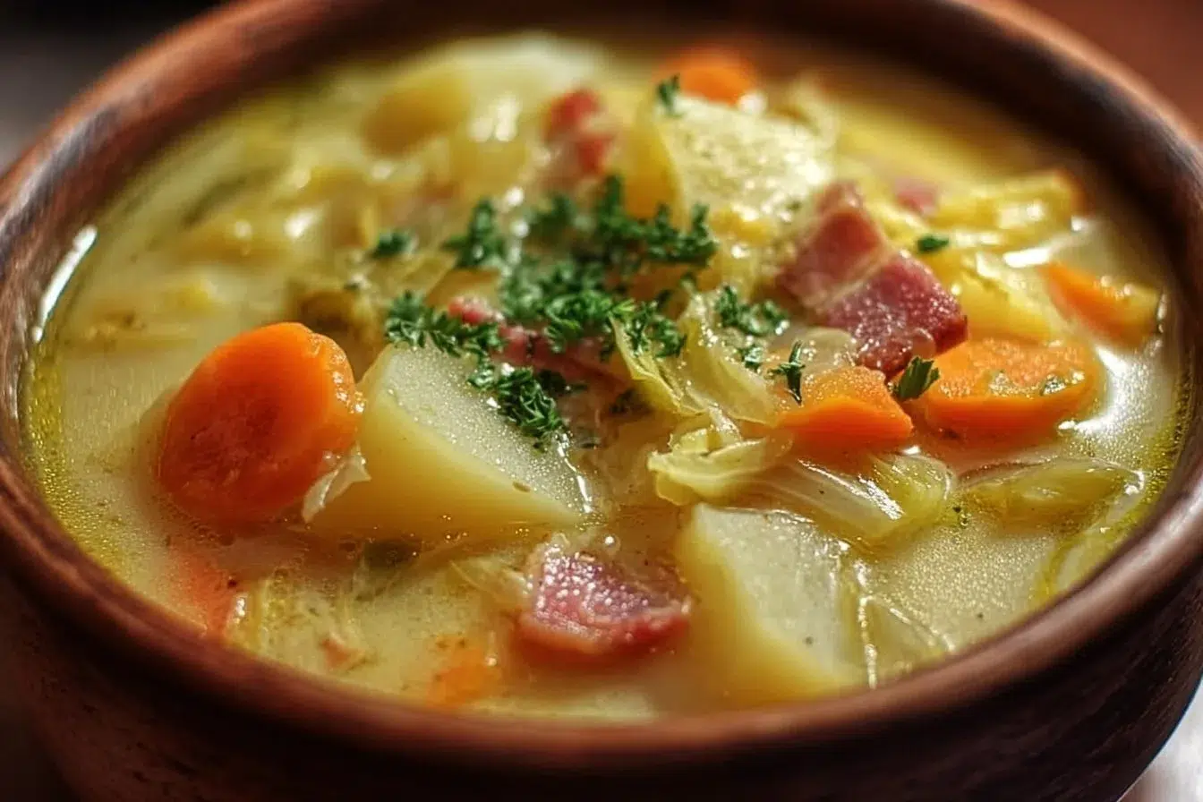 Bowl of Irish bacon, cabbage, and potato soup topped with herbs