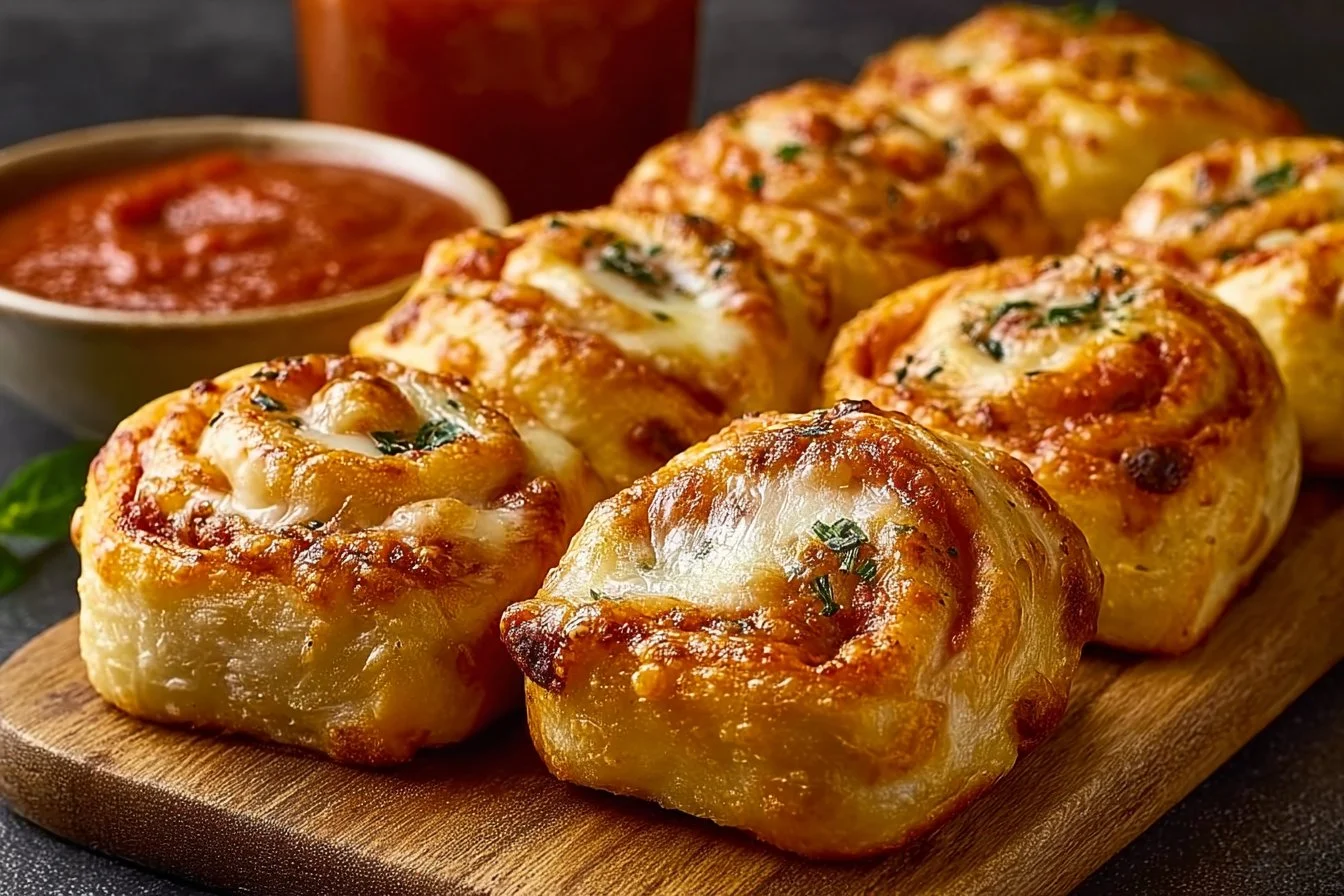 Delicious flaky mozzarella pizza rolls loaded with melted cheese.