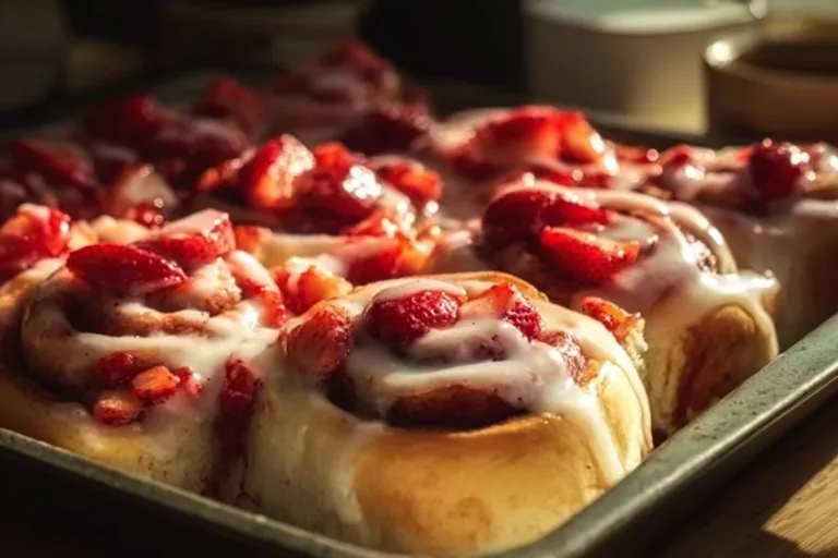 Irresistible strawberry cheesecake cinnamon rolls topped with fresh strawberries