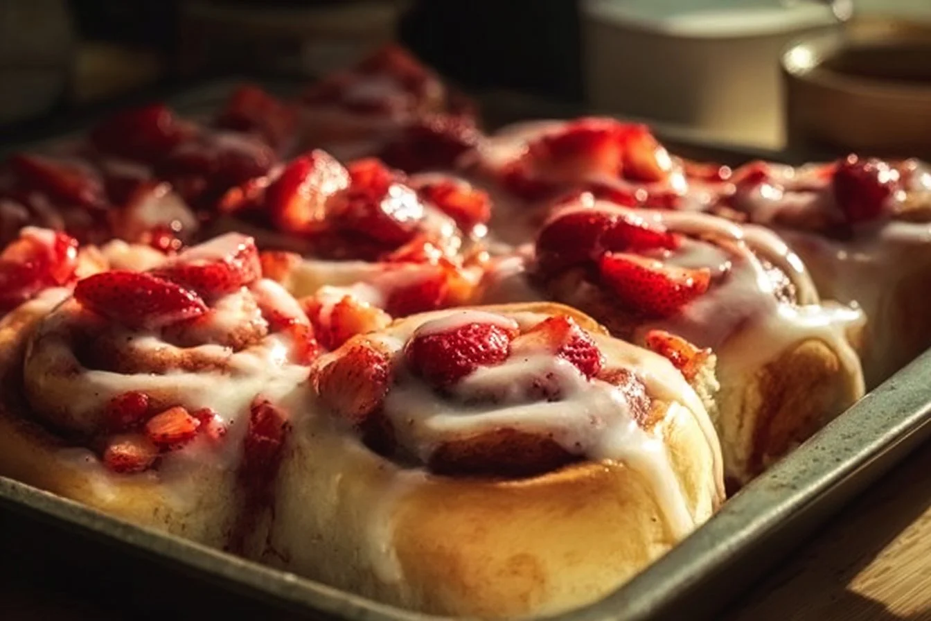 Irresistible strawberry cheesecake cinnamon rolls topped with fresh strawberries