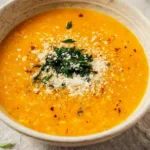 A bowl of Italian Penicillin Soup garnished with fresh herbs and vegetables.