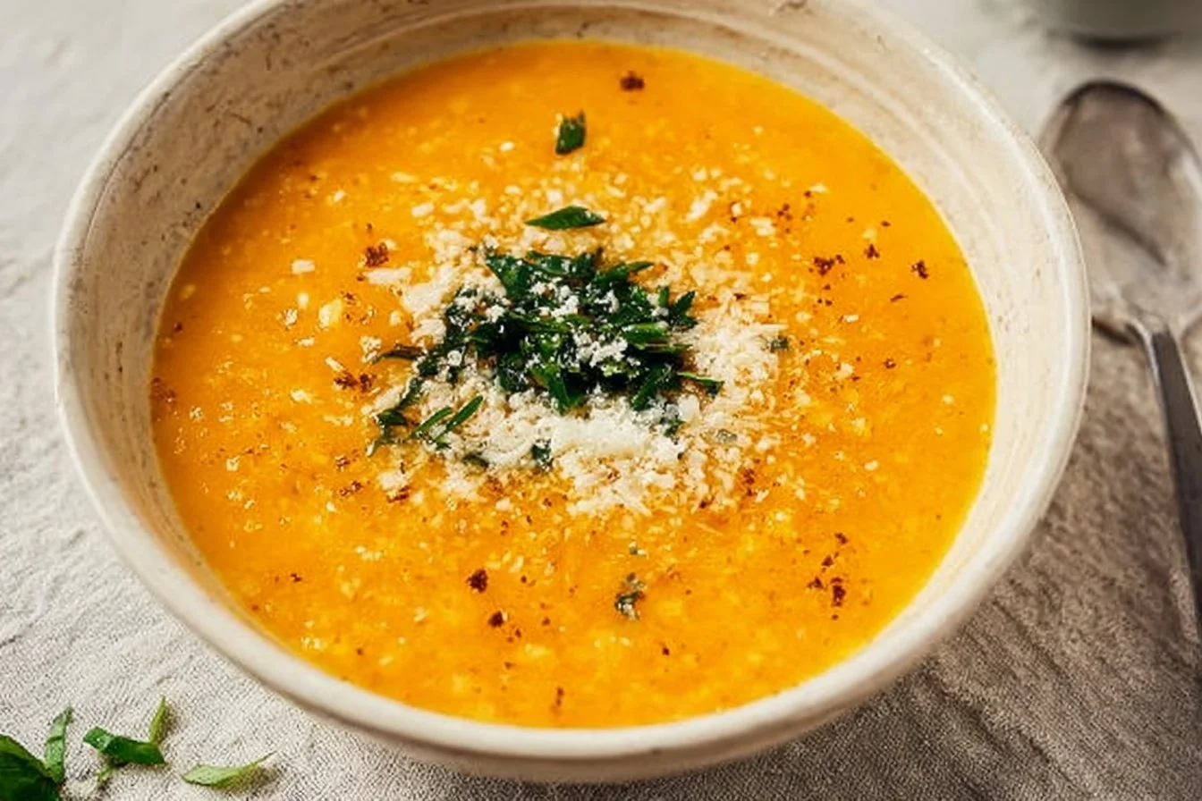 A bowl of Italian Penicillin Soup garnished with fresh herbs and vegetables.