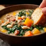 A bowl of Italian Sausage and White Bean Soup garnished with herbs