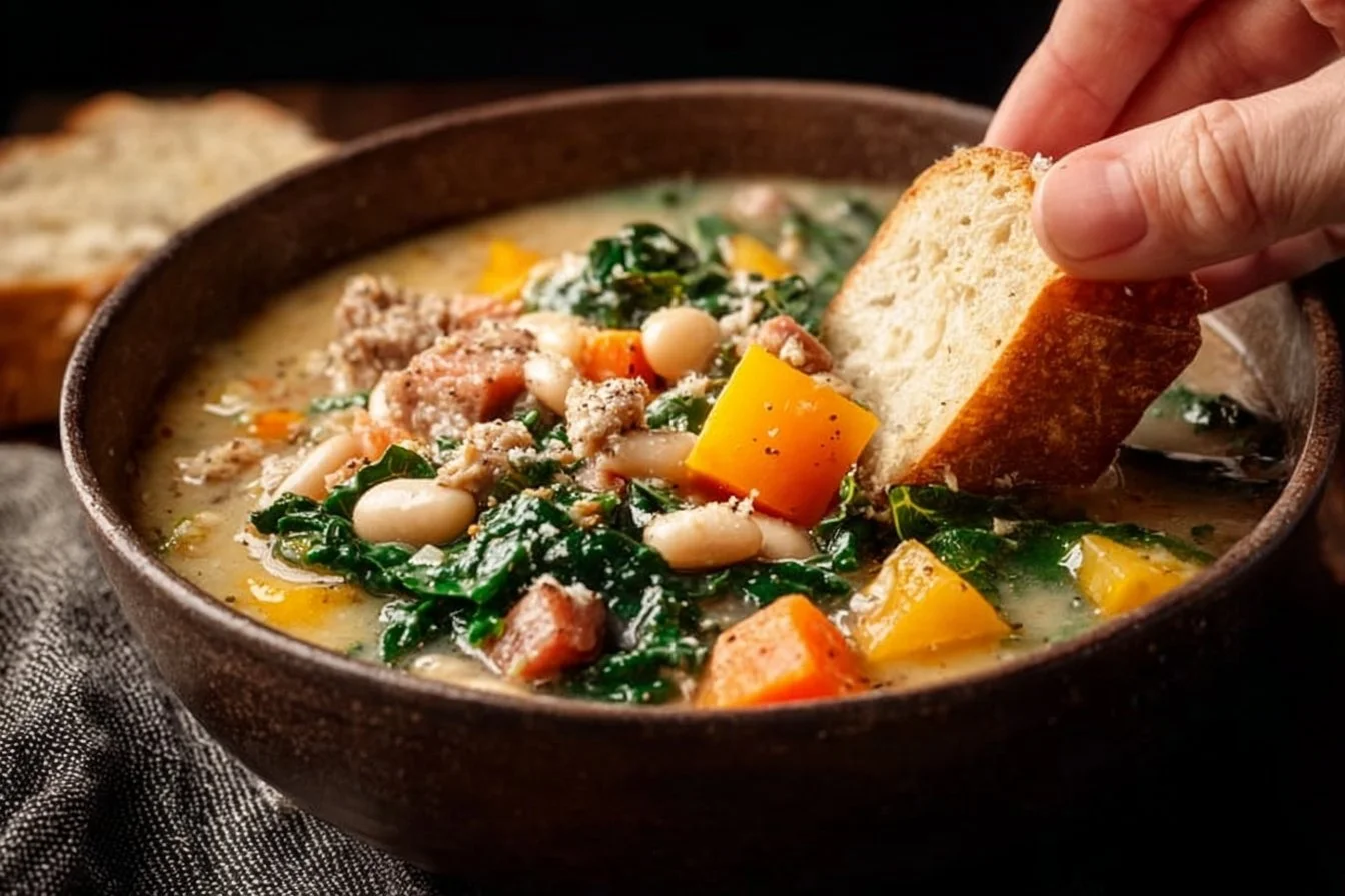 A bowl of Italian Sausage and White Bean Soup garnished with herbs