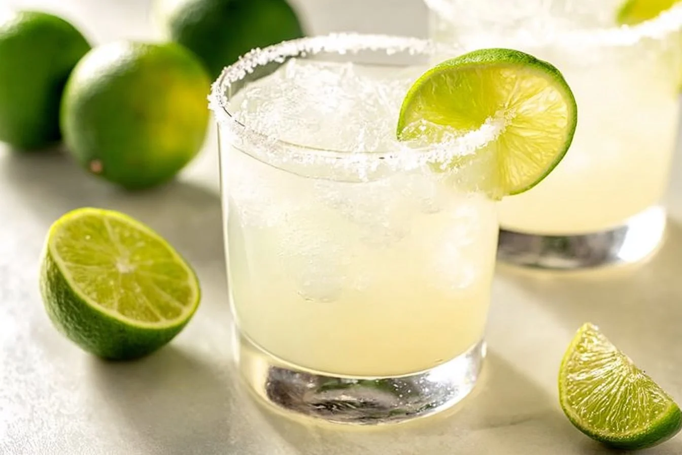 A refreshing Juicy Margarita garnished with lime and served in a cocktail glass.