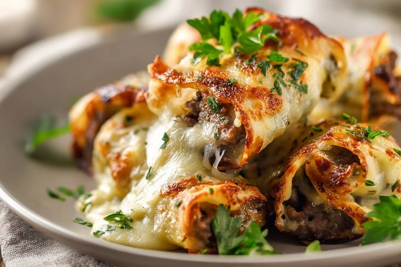 Keto Philly Cheesesteak Rolls served on a plate with toppings