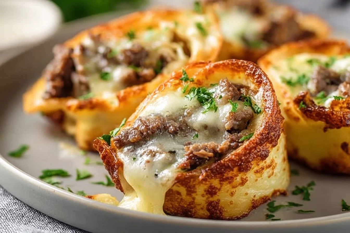 Keto Philly Cheesesteak Rolls with melted cheese and steak in a low-carb wrap.