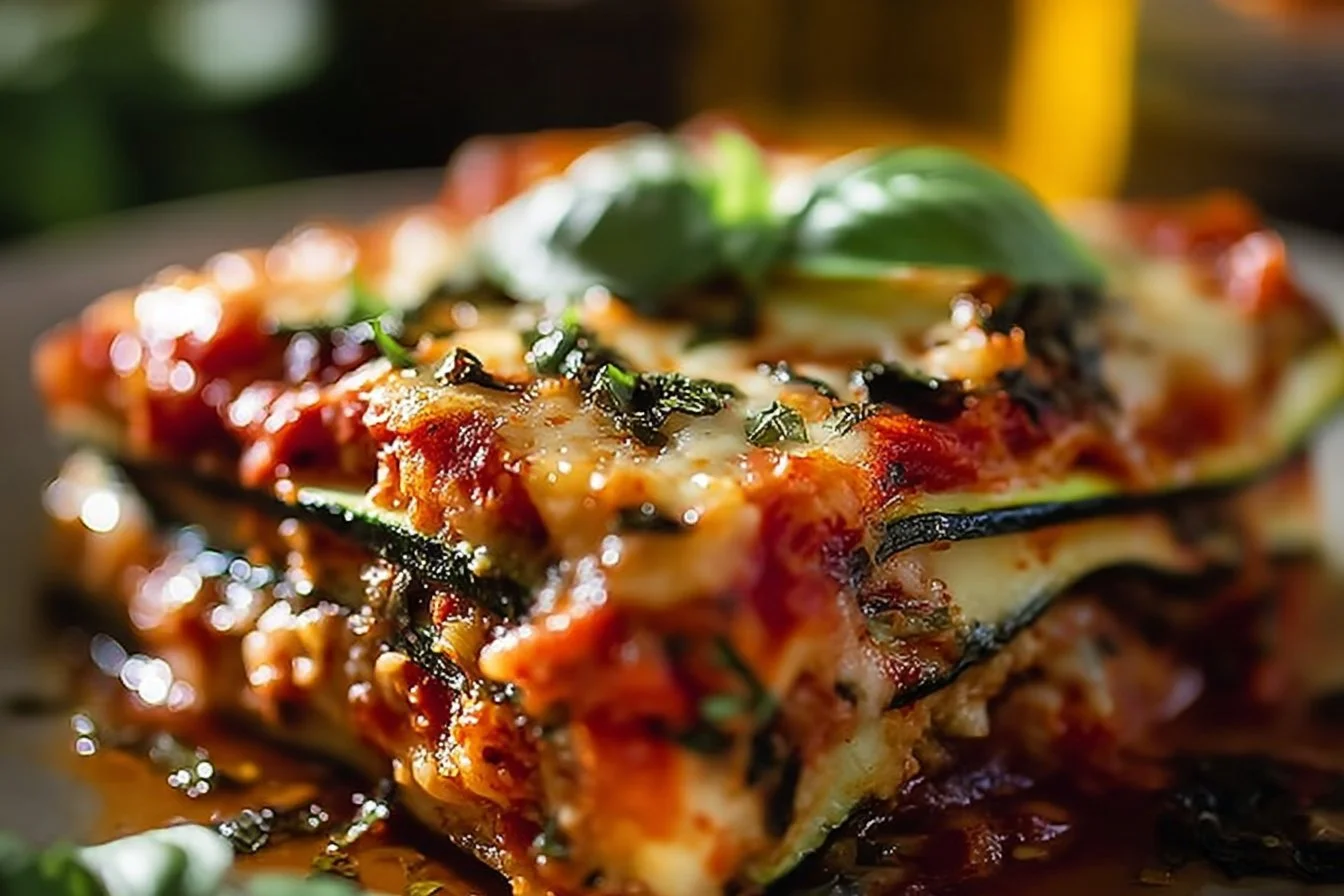 Layered zucchini ricotta melts topped with marinara sauce on a serving plate.